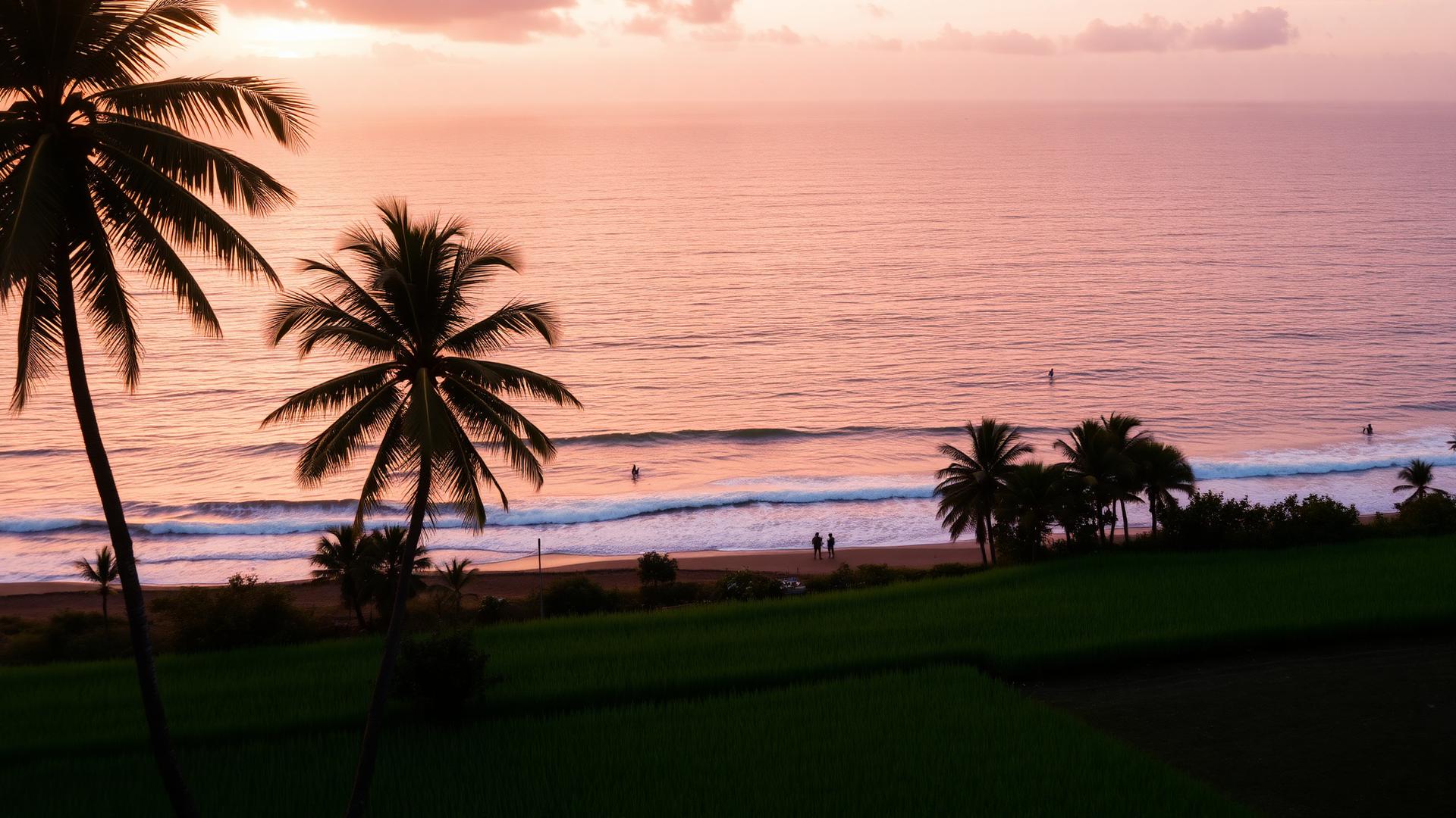 Sunset over Canggu beach with palm trees and rice paddies