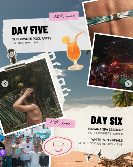 Official Thursday itinerary — Day Five: Sundowner Pool Party at La Brisa, 4pm–11pm (28 May). Day Six: Nirvana Spa Session and White Party Finale at secret location TBC, 4pm–12am (29 May).