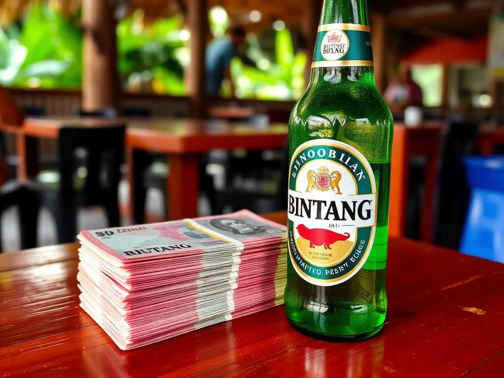 Indonesian Rupiah notes and a Bintang beer on a warung table