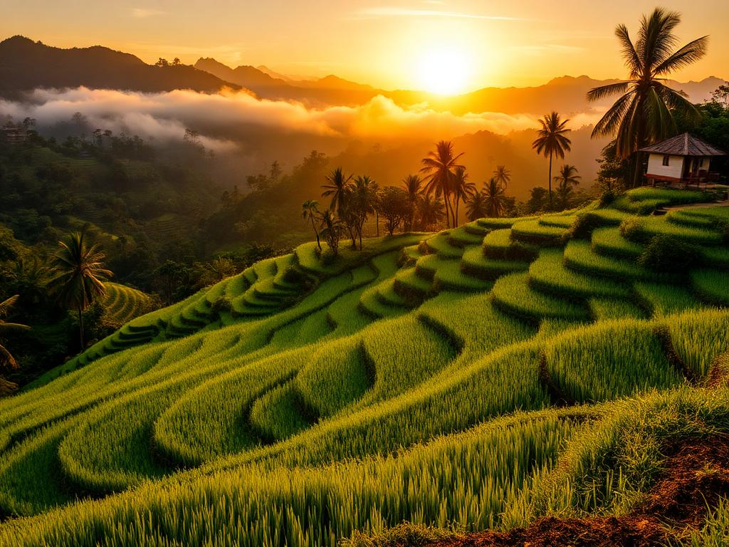 Ubud rice terraces glowing at sunrise